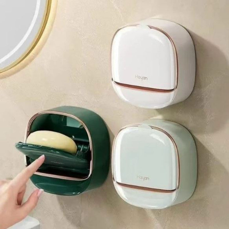 1Pc Wall Mounted Soap Holder With Lid And Drain Tray
