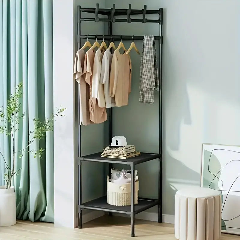 1pc Corner Coat Rack, Free Standing Coat Rack, With 3 Layers Storage Shelves And 4 Double Hooks, Living Room, Bathroom, Hallway Shoe Rack Organizer