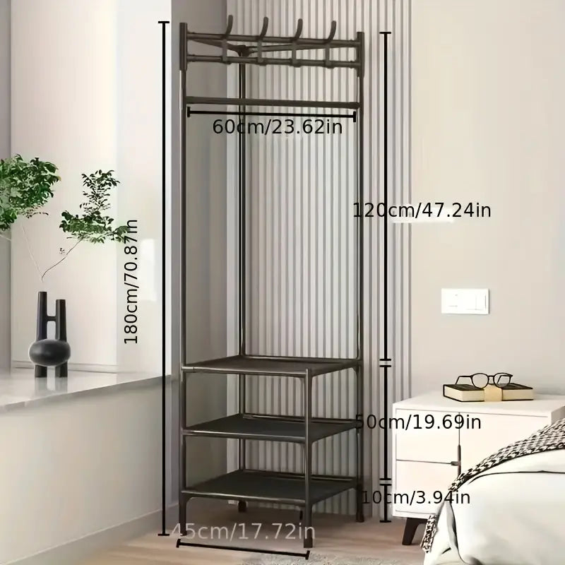 1pc Corner Coat Rack, Free Standing Coat Rack, With 3 Layers Storage Shelves And 4 Double Hooks, Living Room, Bathroom, Hallway Shoe Rack Organizer