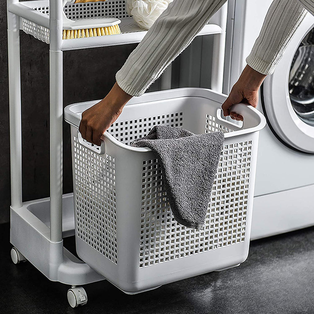 2-Tier Laundry Basket Organizer Trolley Plastic Cart Shelf Rack with Laundry Storage Basket Perfect for Kitchen Bathroom Laundry