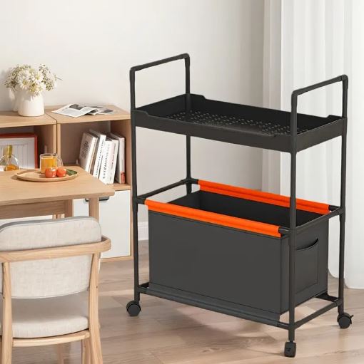 2-Tier Rolling Storage Cart with Handle - Durable Plastic & Metal, Mobile Organizer for Office, Kitchen, Laundry, Outdoor - White/ Black/ Dark Green