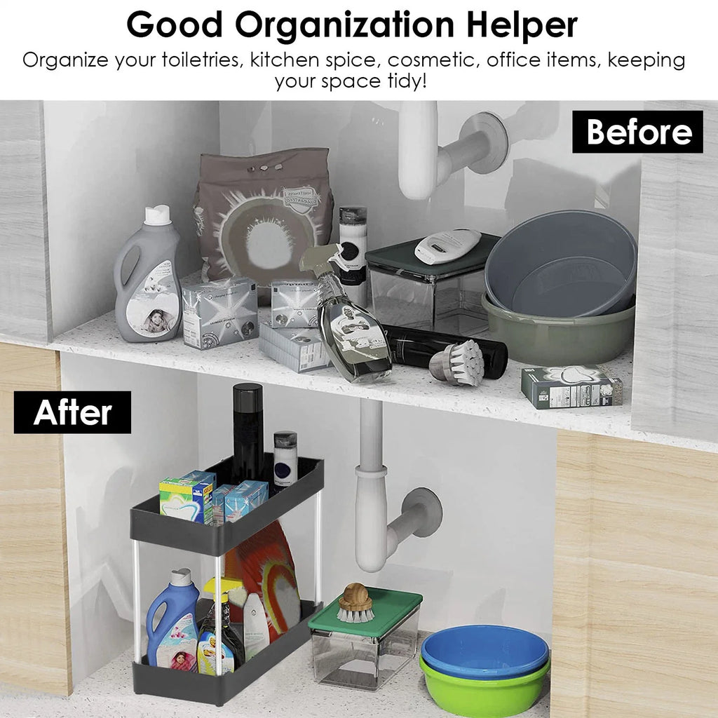 2-Tier Under Sink Shelf Organizer Space Saving Bathroom Sink Storage Rack With 4 Hooks