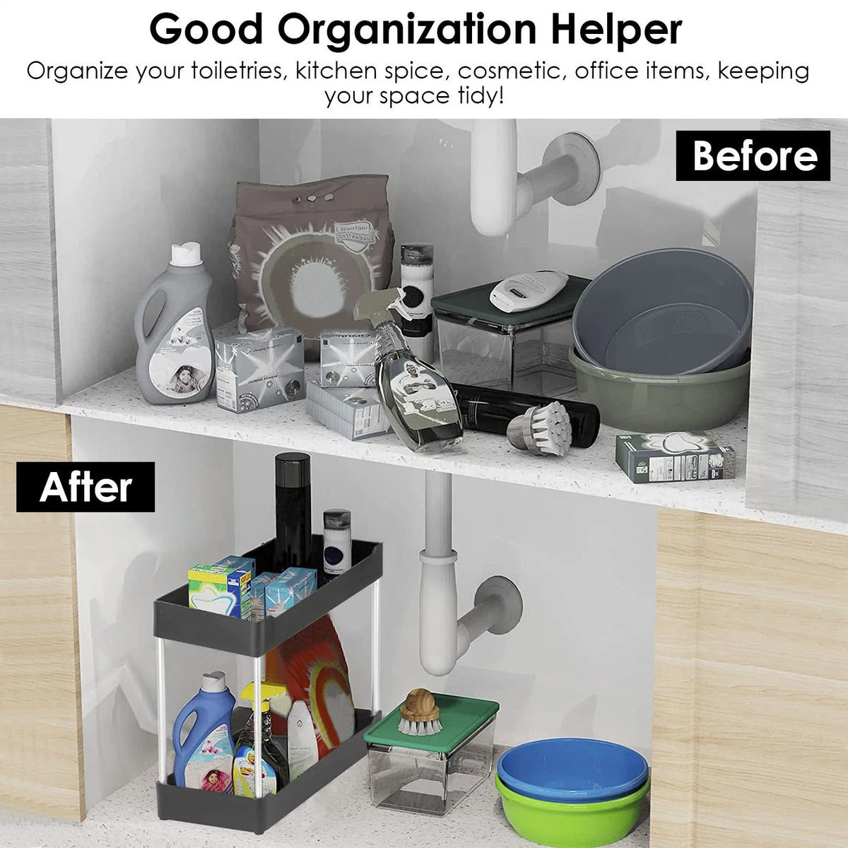 2-Tier Under Sink Shelf Organizer Space Saving Bathroom Sink Storage Rack With 4 Hooks