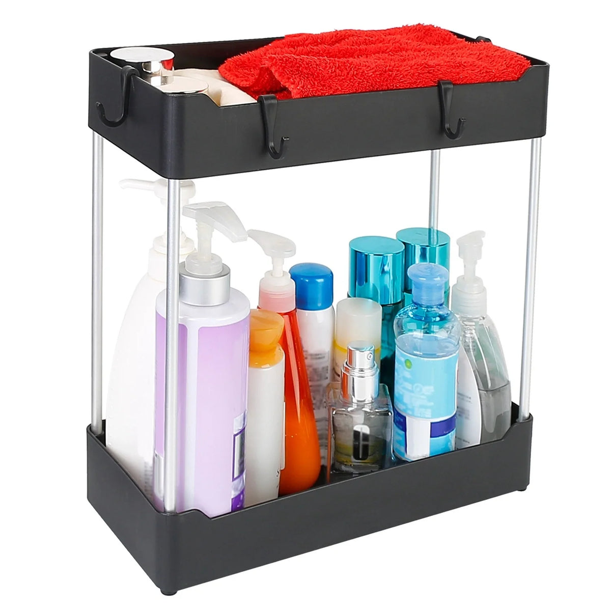 2-Tier Under Sink Shelf Organizer Space Saving Bathroom Sink Storage Rack With 4 Hooks