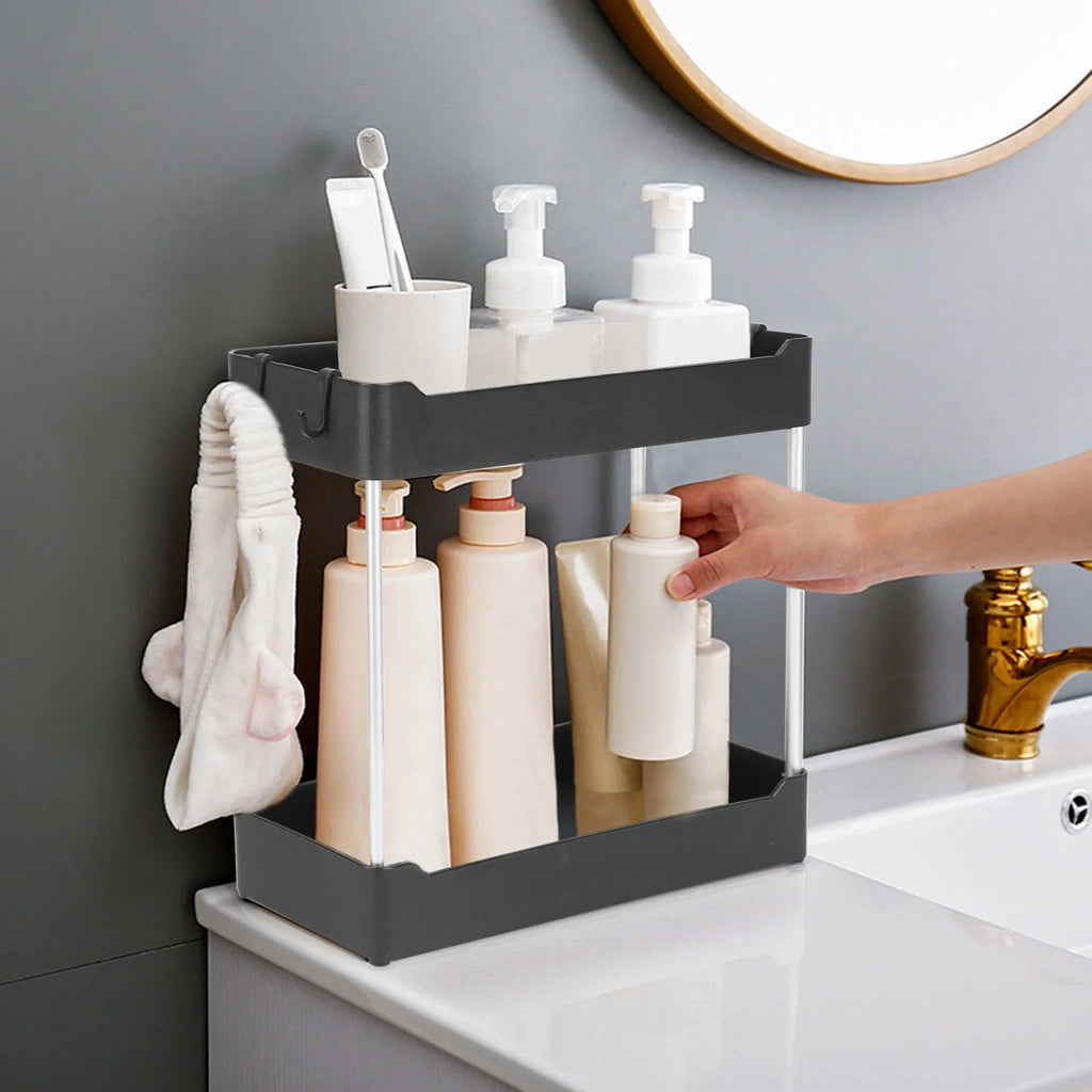 2-Tier Under Sink Shelf Organizer Space Saving Bathroom Sink Storage Rack With 4 Hooks