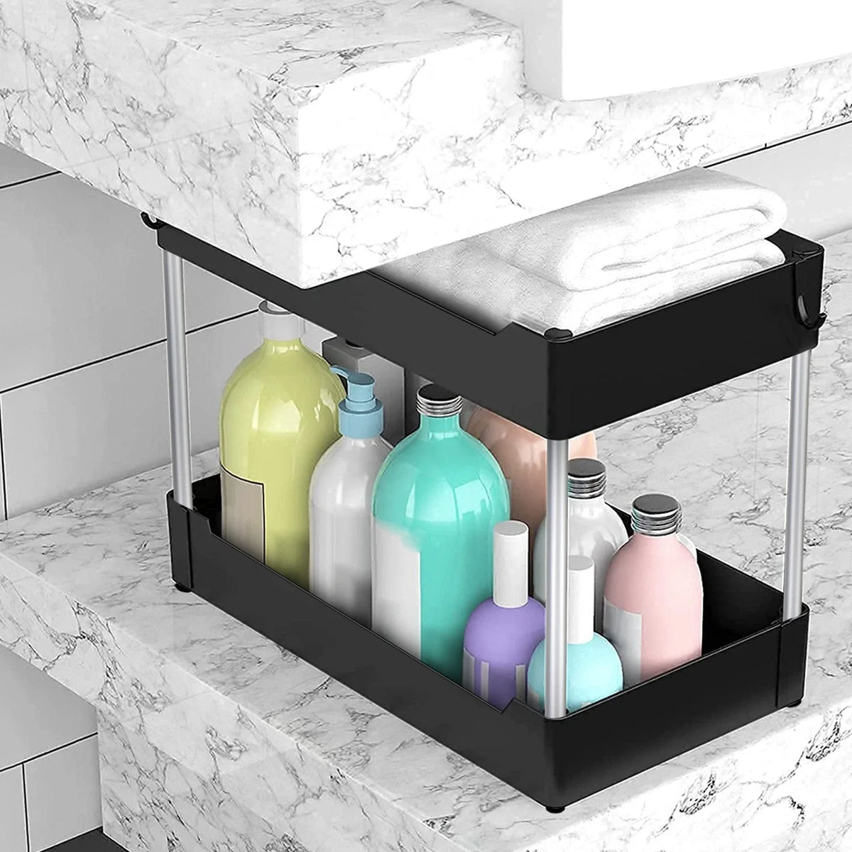 2-Tier Under Sink Shelf Organizer Space Saving Bathroom Sink Storage Rack With 4 Hooks