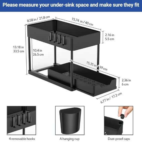 2-Tier Under Sink Sliding Drawer Storage Organizer Rack Multi-Purpose Holder for Kitchen Bathroom Cabinet