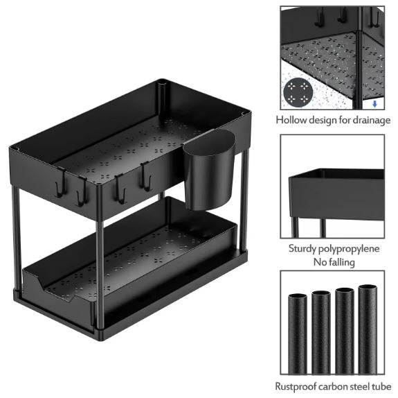 2-Tier Under Sink Sliding Drawer Storage Organizer Rack Multi-Purpose Holder for Kitchen Bathroom Cabinet