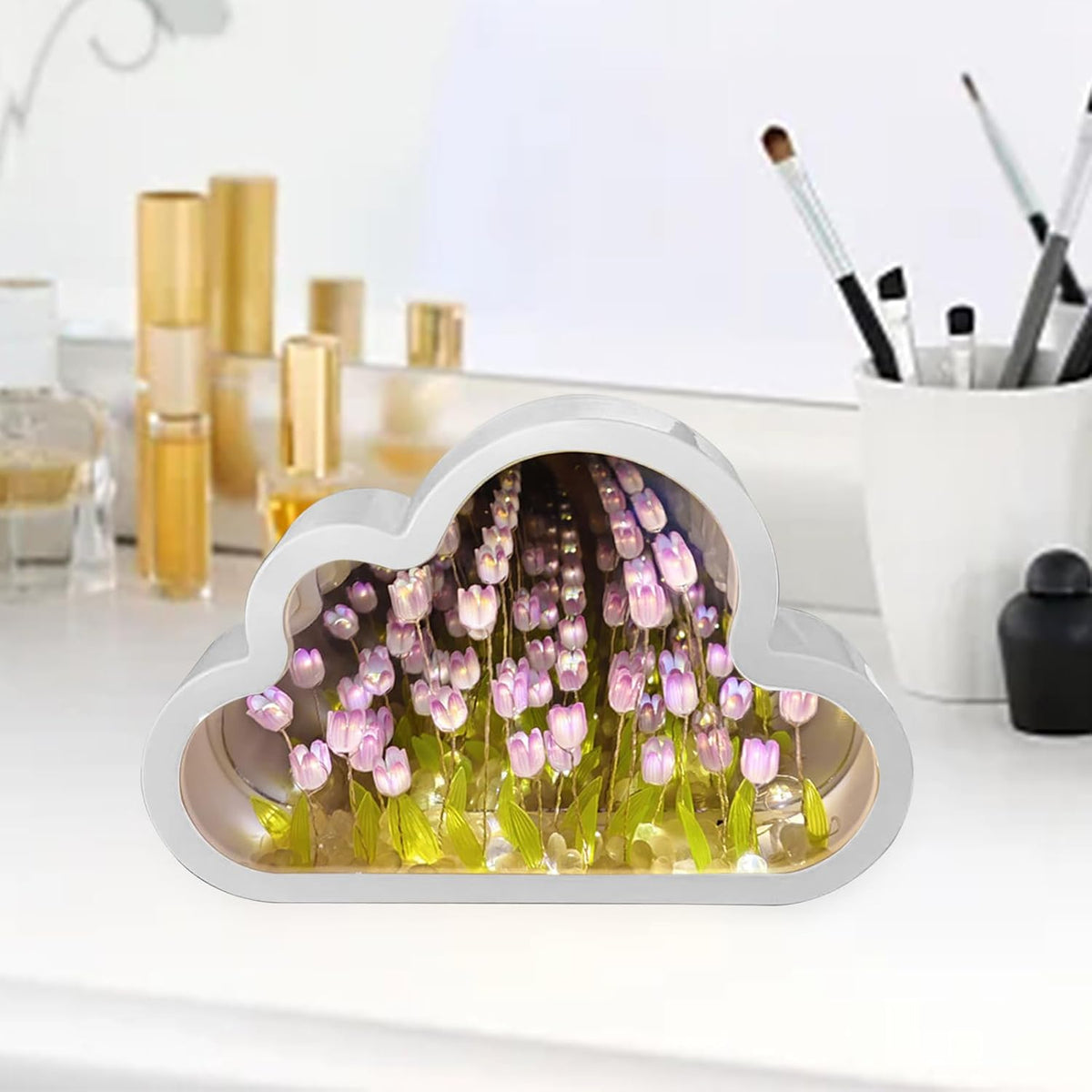 Cloud-Shaped Tulip Mirror Night Light, 20 Flowers Table Lamp for Home Bedroom Decor