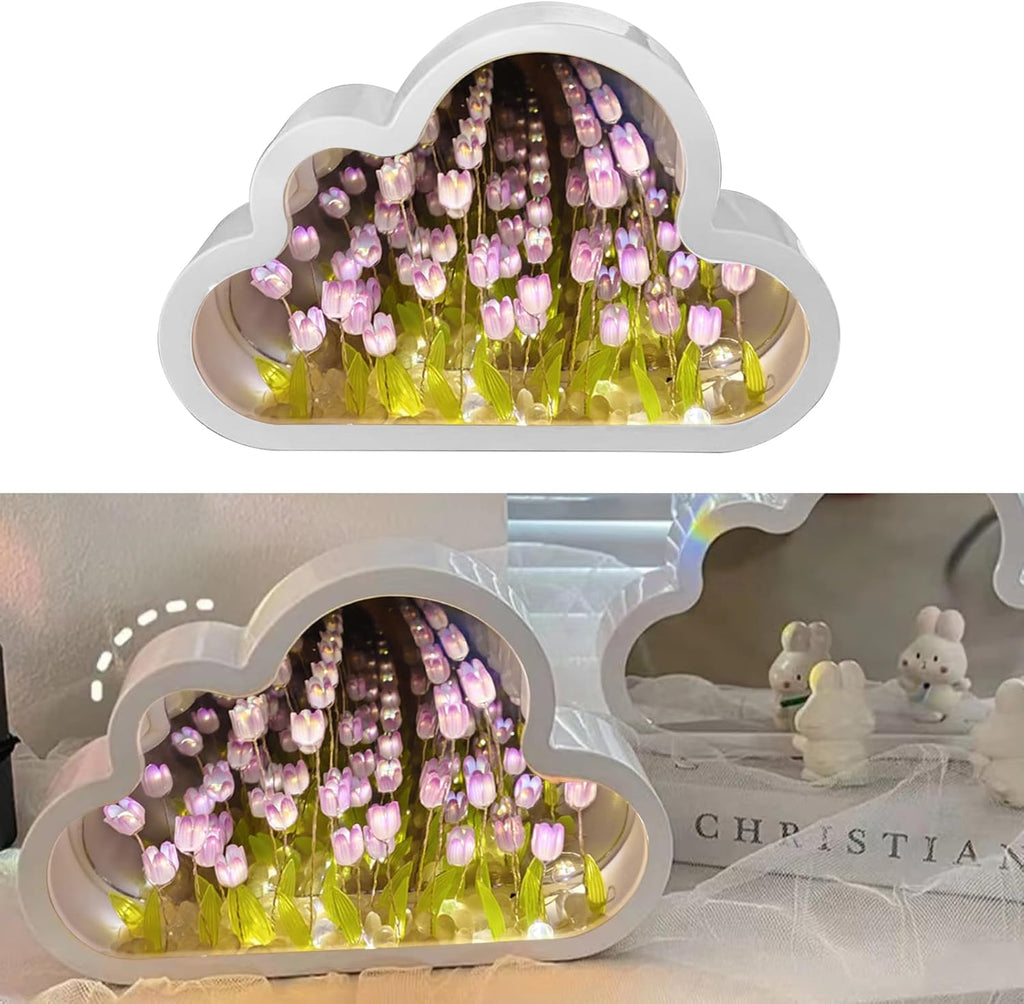 Cloud-Shaped Tulip Mirror Night Light, 20 Flowers Table Lamp for Home Bedroom Decor