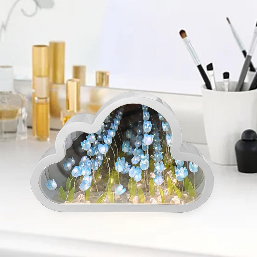 Cloud-Shaped Tulip Mirror Night Light, 20 Flowers Table Lamp for Home Bedroom Decor
