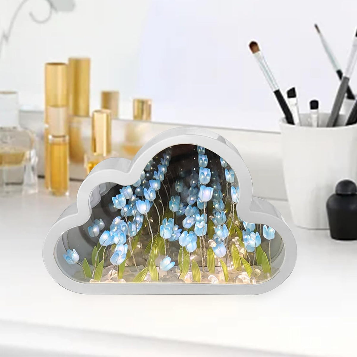 Cloud-Shaped Tulip Mirror Night Light, 20 Flowers Table Lamp for Home Bedroom Decor
