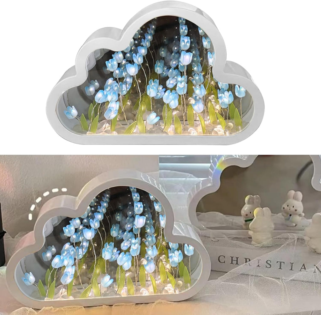 Cloud-Shaped Tulip Mirror Night Light, 20 Flowers Table Lamp for Home Bedroom Decor