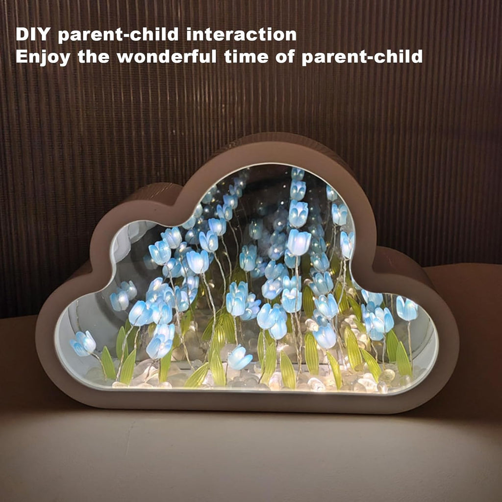 Cloud-Shaped Tulip Mirror Night Light, 20 Flowers Table Lamp for Home Bedroom Decor