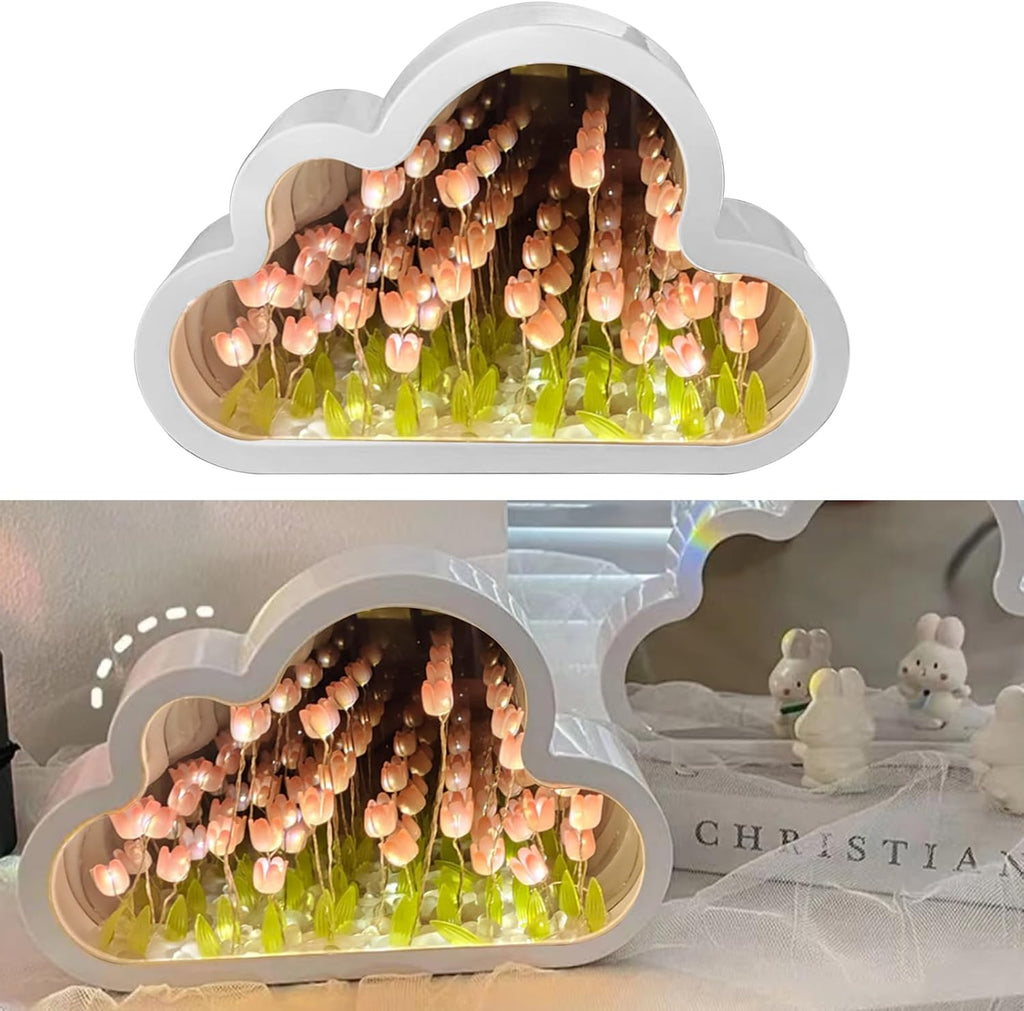 Cloud-Shaped Tulip Mirror Night Light, 20 Flowers Table Lamp for Home Bedroom Decor