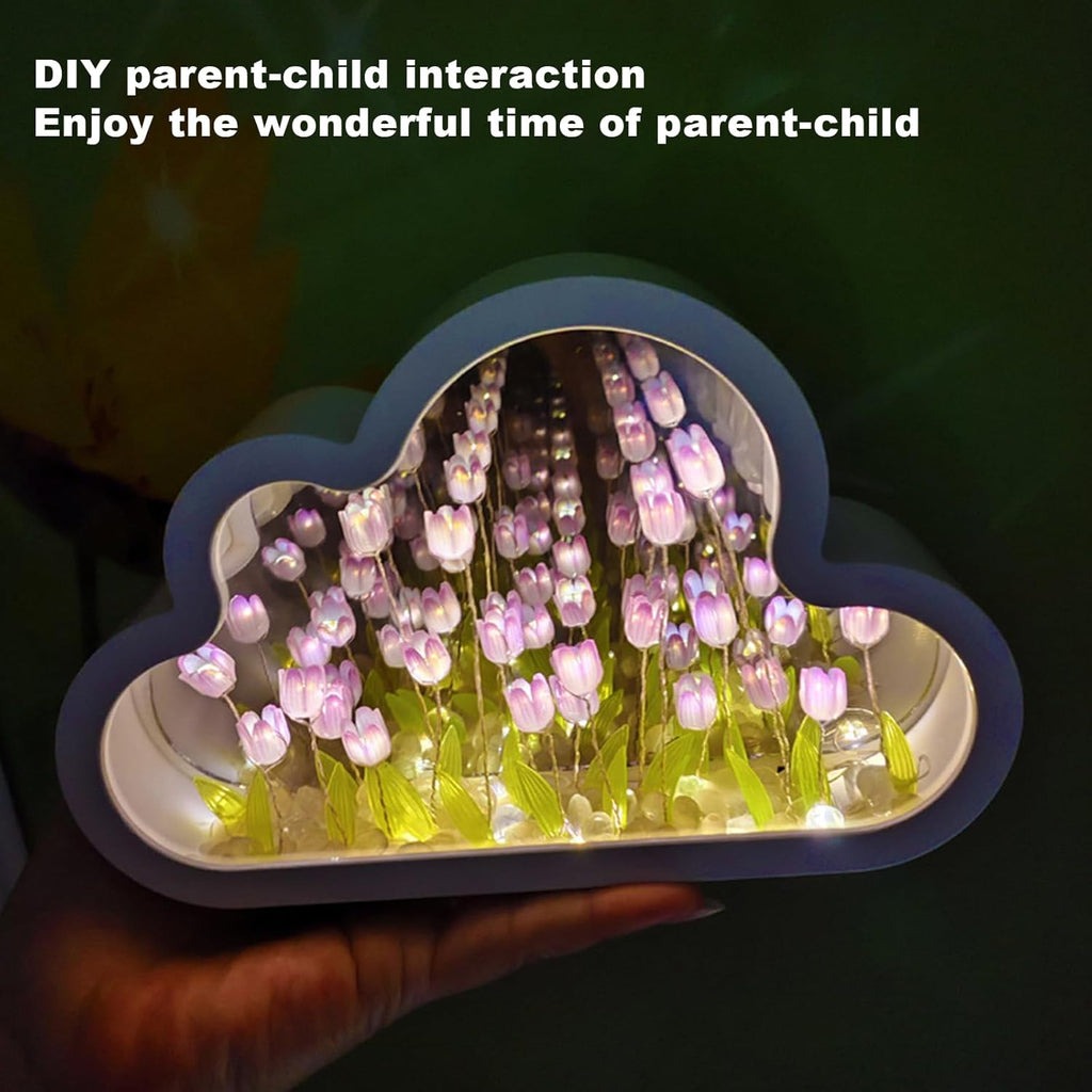 Cloud-Shaped Tulip Mirror Night Light, 20 Flowers Table Lamp for Home Bedroom Decor
