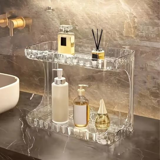 Double Layer Bathroom Storage Rack - 2 Tier Clear Plastic Organizer for Perfumes, Makeup, Skincare & Toiletries