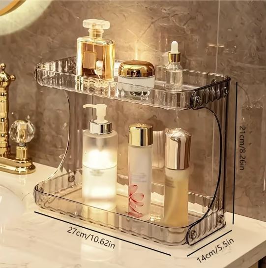 Double Layer Bathroom Storage Rack - 2 Tier Clear Plastic Organizer for Perfumes, Makeup, Skincare & Toiletries