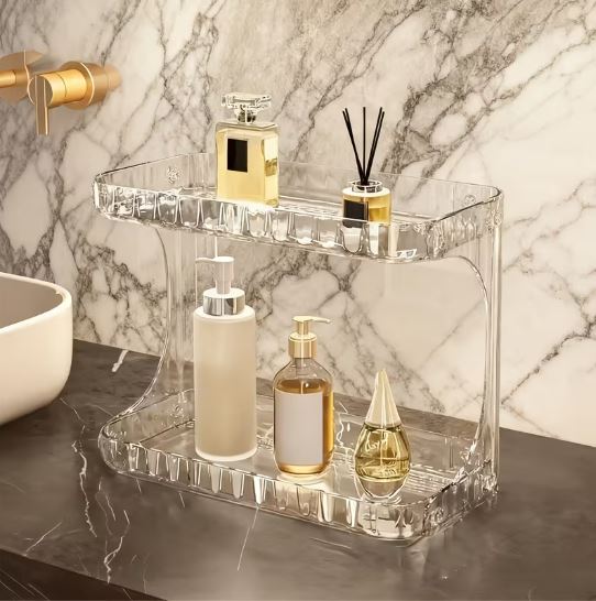 Double Layer Bathroom Storage Rack - 2 Tier Clear Plastic Organizer for Perfumes, Makeup, Skincare & Toiletries