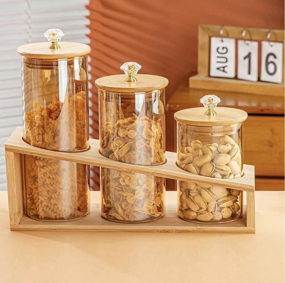 3-Piece Elegant Bamboo & Glass Tiered Canister Set