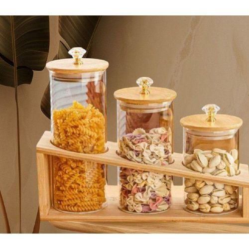 3-Piece Elegant Bamboo & Glass Tiered Canister Set