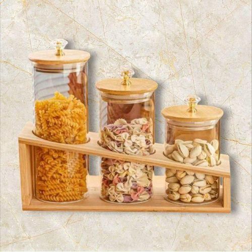 3-Piece Elegant Bamboo & Glass Tiered Canister Set