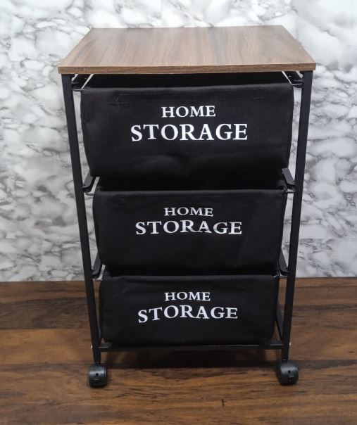 3-Tier Mobile Storage Organizer Rack with Wooden Top & Fabric Bins - Rolling Utility Cart for Kitchen, Living Room & Office