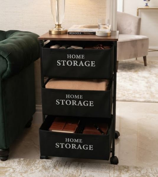 3-Tier Mobile Storage Organizer Rack with Wooden Top & Fabric Bins - Rolling Utility Cart for Kitchen, Living Room & Office