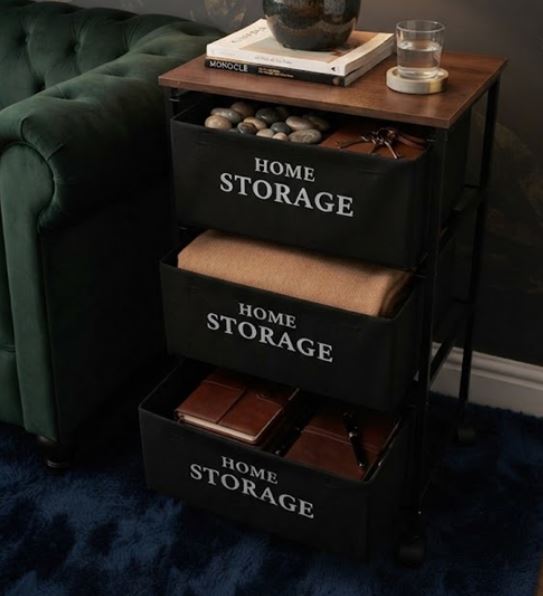 3-Tier Mobile Storage Organizer Rack with Wooden Top & Fabric Bins - Rolling Utility Cart for Kitchen, Living Room & Office