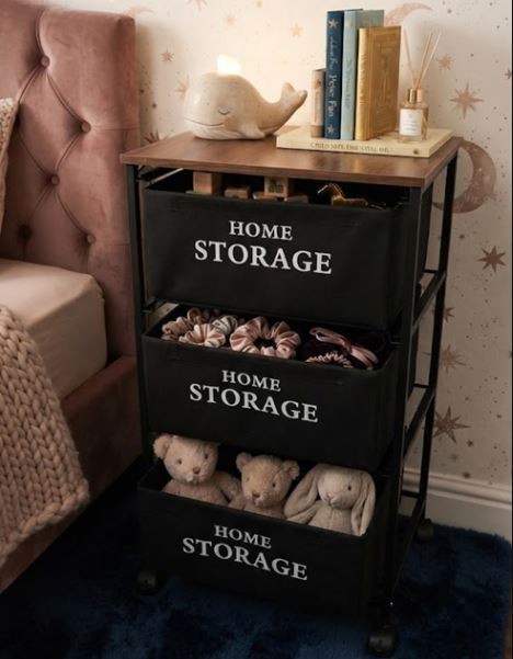 3-Tier Mobile Storage Organizer Rack with Wooden Top & Fabric Bins - Rolling Utility Cart for Kitchen, Living Room & Office