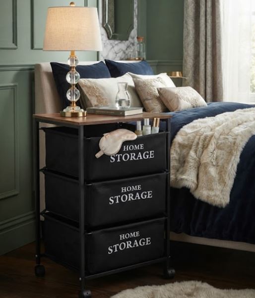3-Tier Mobile Storage Organizer Rack with Wooden Top & Fabric Bins - Rolling Utility Cart for Kitchen, Living Room & Office