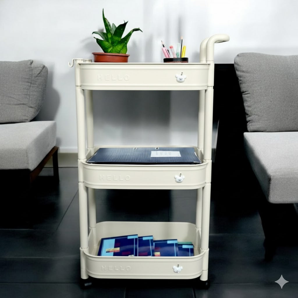 3-Tier Storage Plastic Rolling Cart Organizer Rack with Wheels for Kitchen, Bathroom, Office, Bedroom, Classroom