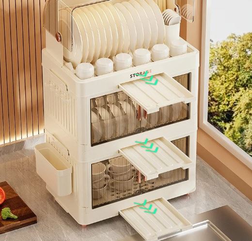 2/3 Layer Kitchen Dish Drying Rack with Drainer, Plastic Dish Drying Rack, Bowls and Dishes Storage Rack with Lid (White)