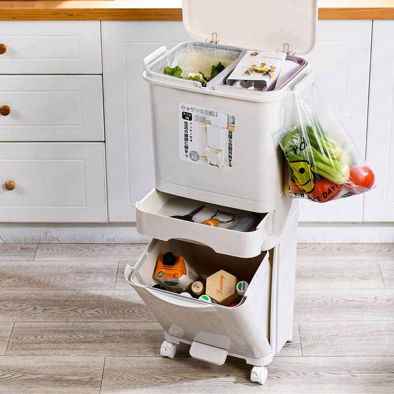 3 Layer Storage Trash Bin With Wheels 42Liters