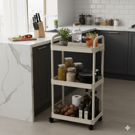 3 Tier Rolling Cart with Wheels and Handle, Rolling Storage Cart for Office, Living Room, Laundry Room, Kitchen, Bathroom