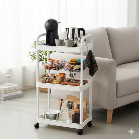 3 Tier Rolling Cart with Wheels and Handle, Rolling Storage Cart for Office, Living Room, Laundry Room, Kitchen, Bathroom