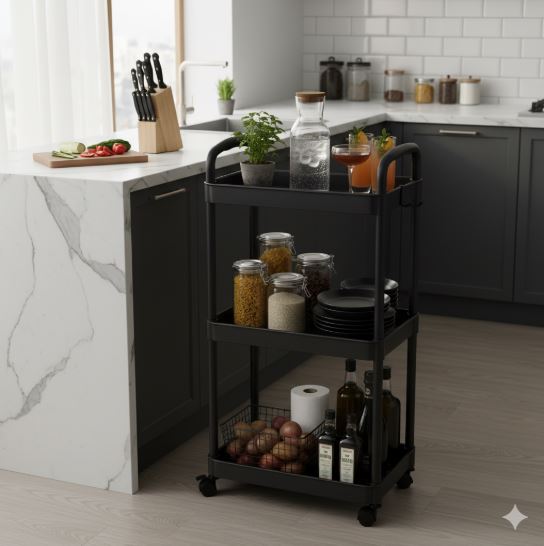 3 Tier Rolling Cart with Wheels and Handle, Rolling Storage Cart for Office, Living Room, Laundry Room, Kitchen, Bathroom