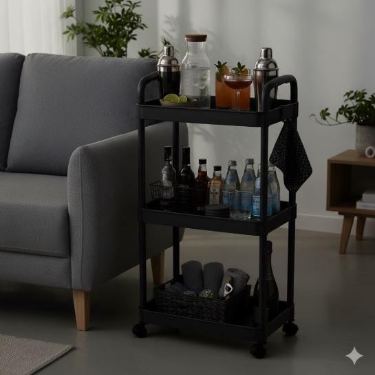 3 Tier Rolling Cart with Wheels and Handle, Rolling Storage Cart for Office, Living Room, Laundry Room, Kitchen, Bathroom