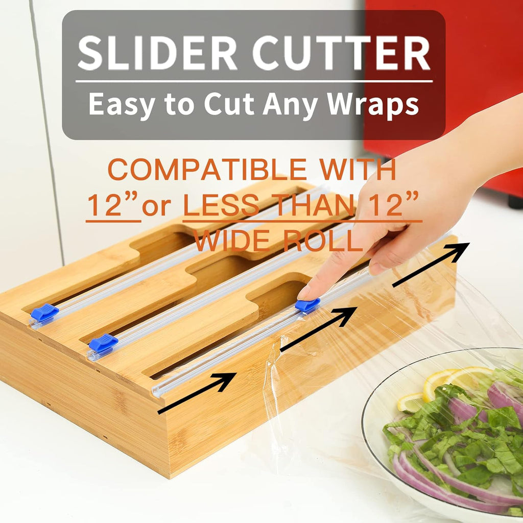 3 in 1 Bamboo Wood Plastic Wrap Dispenser with Slide Cutter, Aluminum foil Parchment Paper Cling Wrap Organizer Dispenser