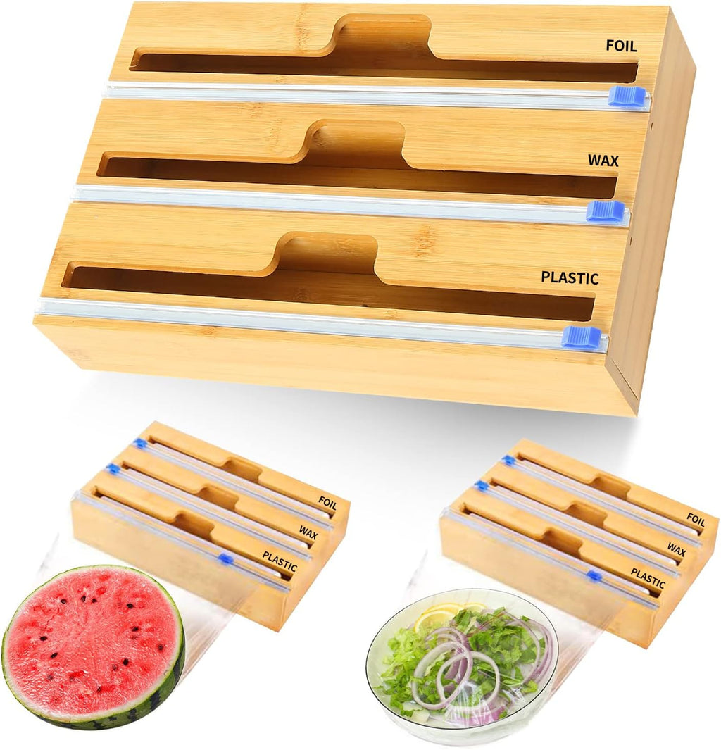 3 in 1 Bamboo Wood Plastic Wrap Dispenser with Slide Cutter, Aluminum foil Parchment Paper Cling Wrap Organizer Dispenser