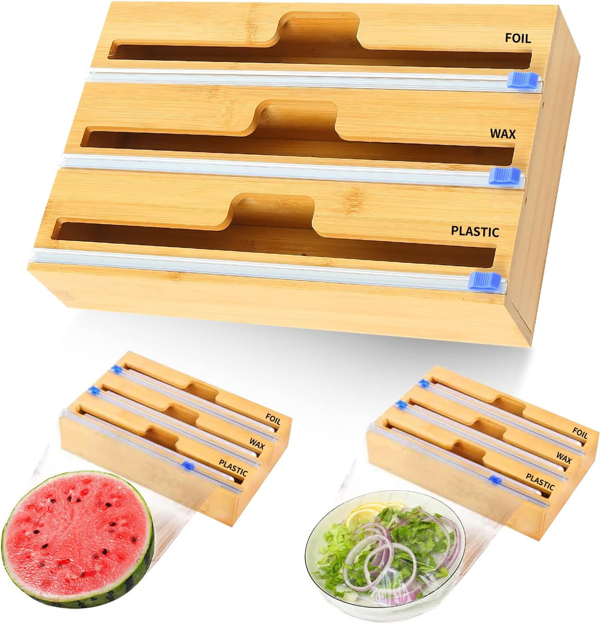 3 in 1 Bamboo Wood Plastic Wrap Dispenser with Slide Cutter, Aluminum foil Parchment Paper Cling Wrap Organizer Dispenser