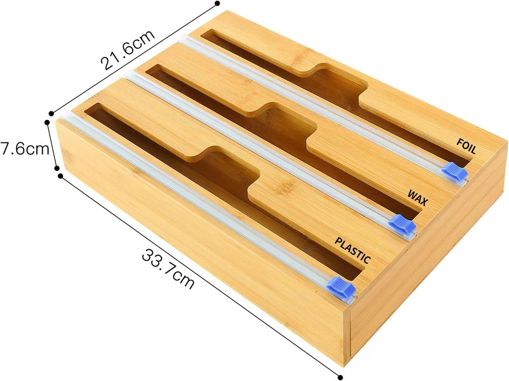 3 in 1 Bamboo Wood Plastic Wrap Dispenser with Slide Cutter, Aluminum foil Parchment Paper Cling Wrap Organizer Dispenser