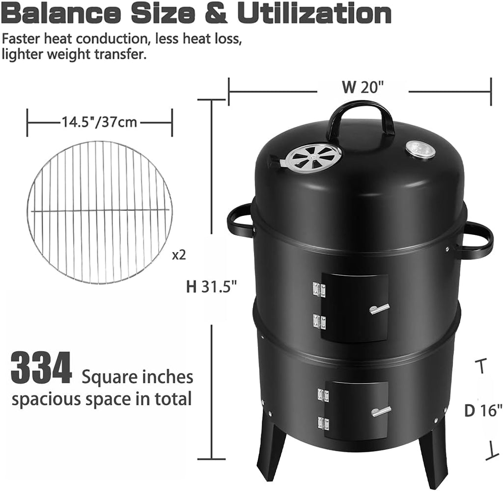 3 In 1 Vertical Charcoal Smoker, 16 inches Separable BBQ Smoker Grill Combo With Built-In Thermometer & Easy TEMP Adjustable Vent For Outdoor Cooking