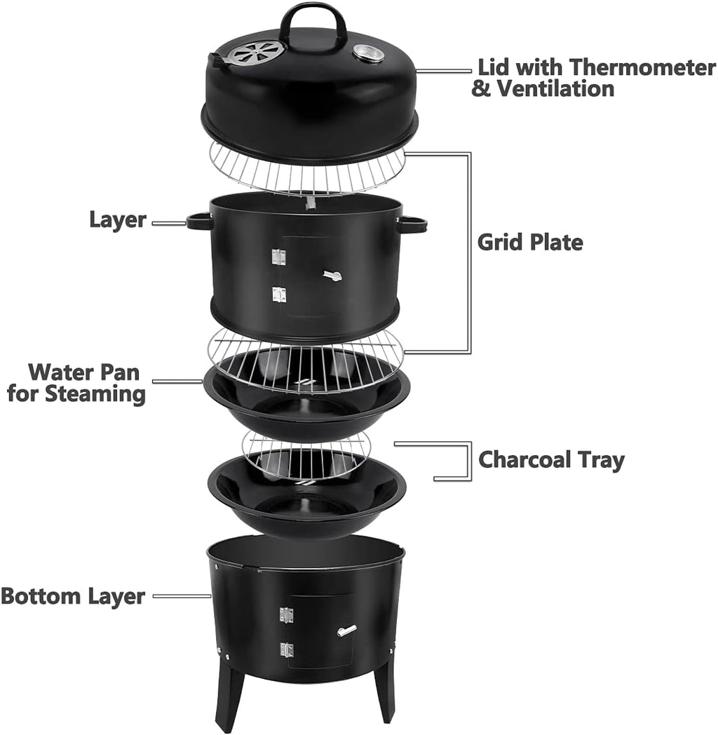 3 In 1 Vertical Charcoal Smoker, 16 inches Separable BBQ Smoker Grill Combo With Built-In Thermometer & Easy TEMP Adjustable Vent For Outdoor Cooking