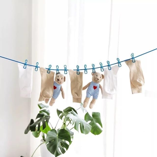 Stretchable Clothes line with 12 Clips Drying Clothesline Hanger Steel Rope