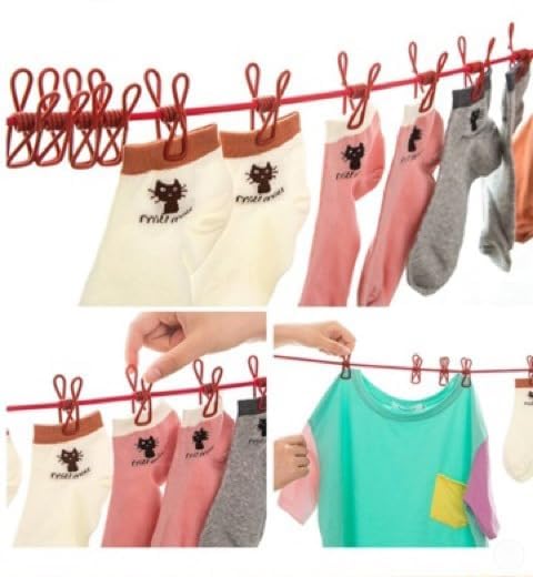 Stretchable Clothes line with 12 Clips Drying Clothesline Hanger Steel Rope