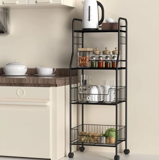 4 Tier Metal Kitchen Bakers Rack Rolling Utility Cart Spice Rack Microwave Oven Stand Shelf Utensil Holder Drawer Organizer