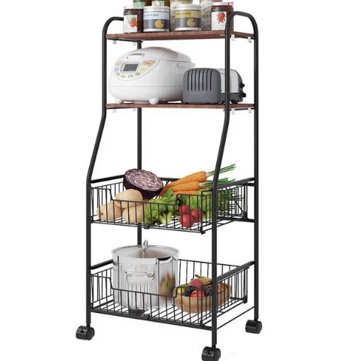 4 Tier Metal Kitchen Bakers Rack Rolling Utility Cart Spice Rack Microwave Oven Stand Shelf Utensil Holder Drawer Organizer