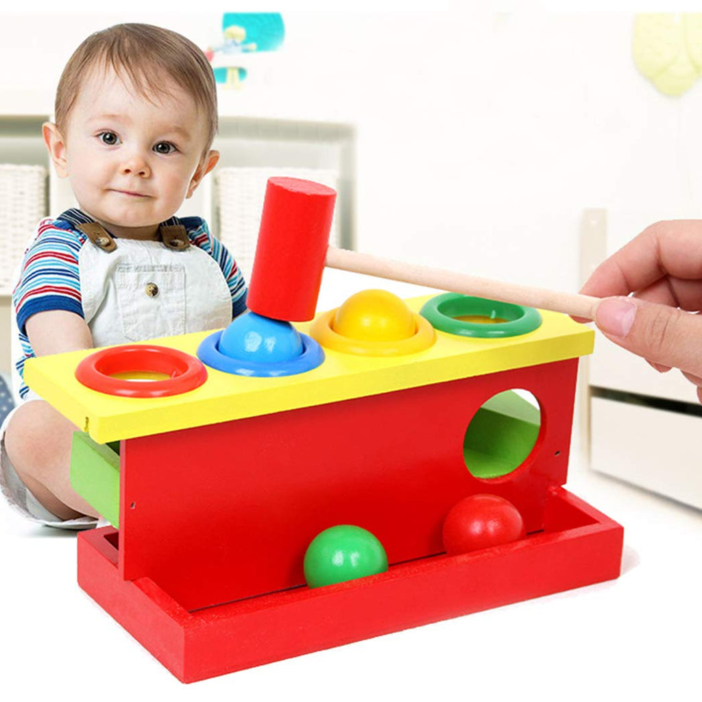 Rolling the Ball Wooden Hammering and Pounding 4 Colorful Ball and 1 Hammer Toy for Kids