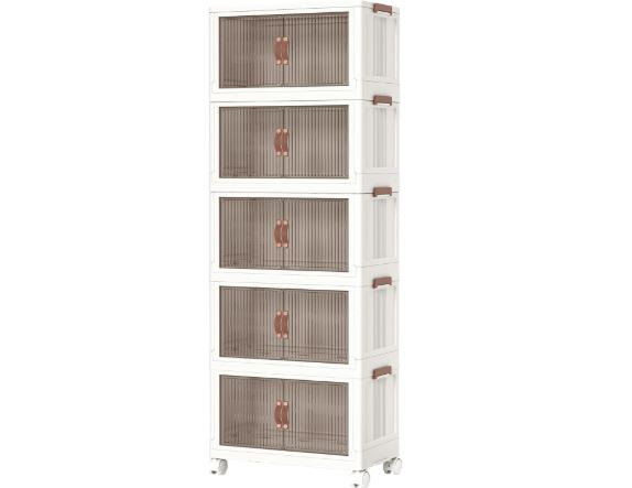 Plastic Storage Bins, 5-Tier Cabinet with Lids, Stackable Storage Containers with Magnetic Doors & Wheels, Foldable for Home Living Room Office Closet